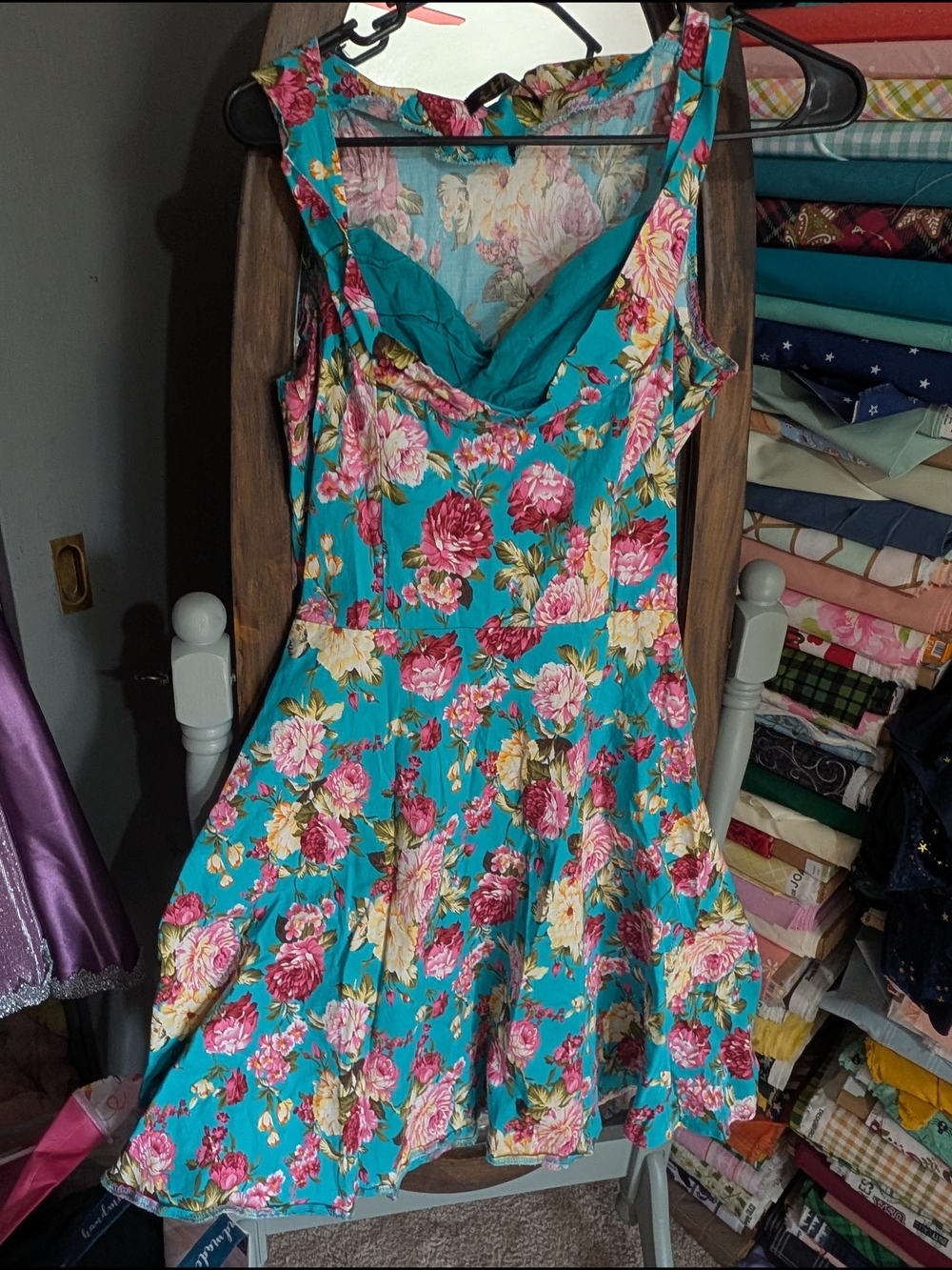 Floral Fit & Flare Dress in Teal with Pink Blooms